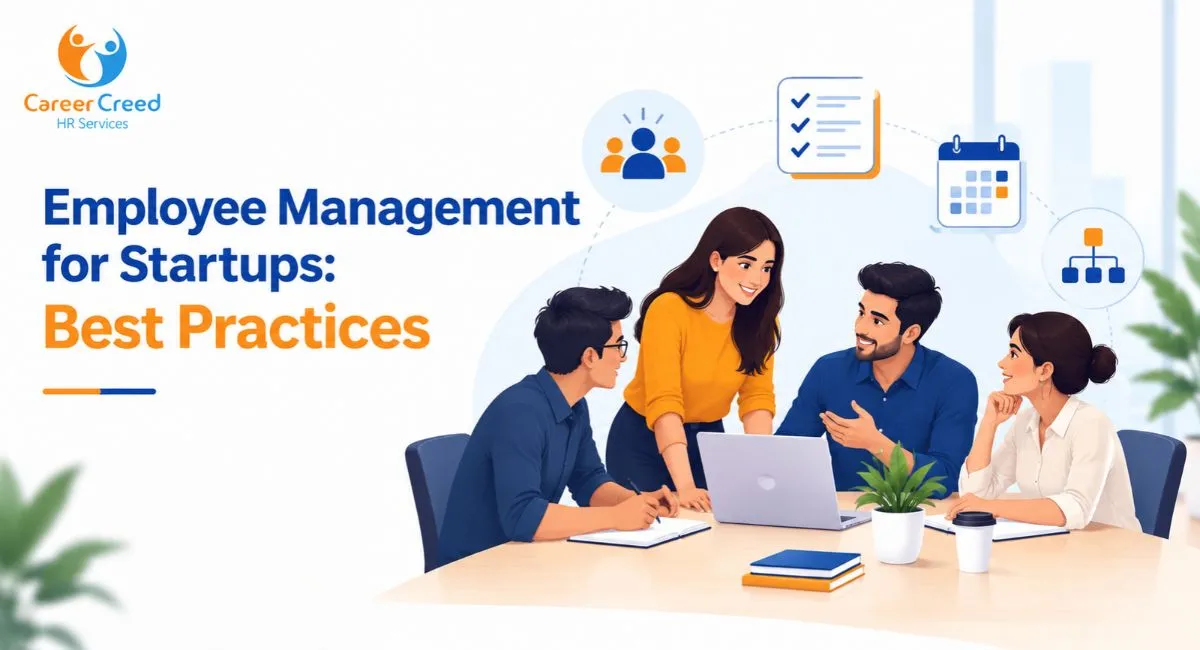 Career Creed HR Services illustration of a startup team collaborating on employee management and HR best practices.