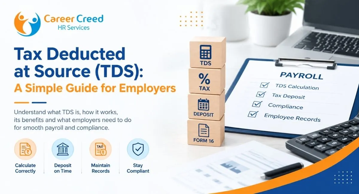 Tax Deducted at Source (TDS) guide for employers covering payroll, tax calculation, deposits, Form 16, and compliance by Career Creed HR Services.